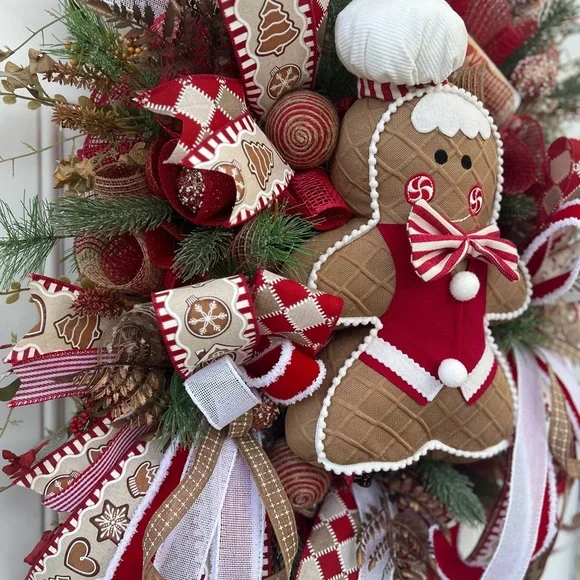 Adorable Red and White Gingerbread Holiday Wreath. Aprox 26” wide